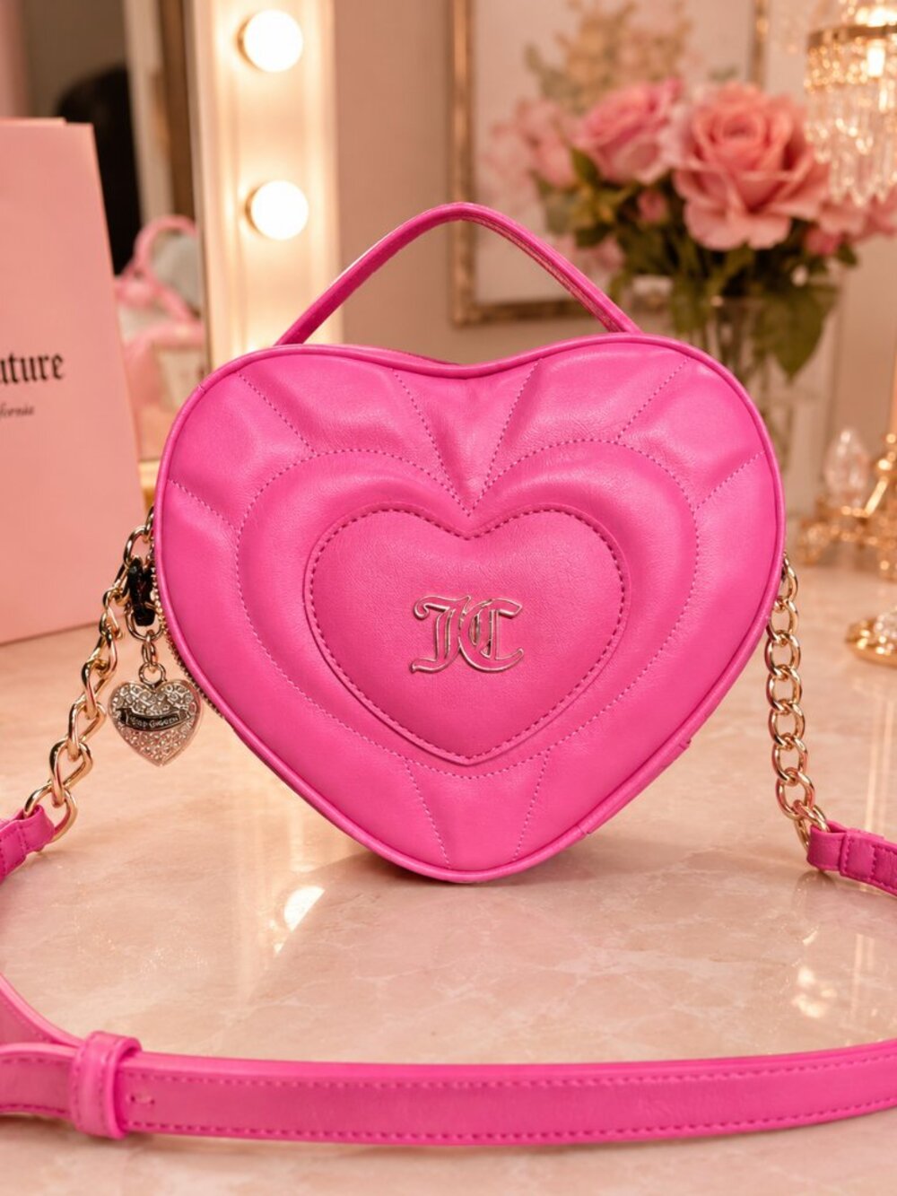 Juicy Couture Pink Heart Crossbody Bag Quilted Purse Gold Hardware NWT